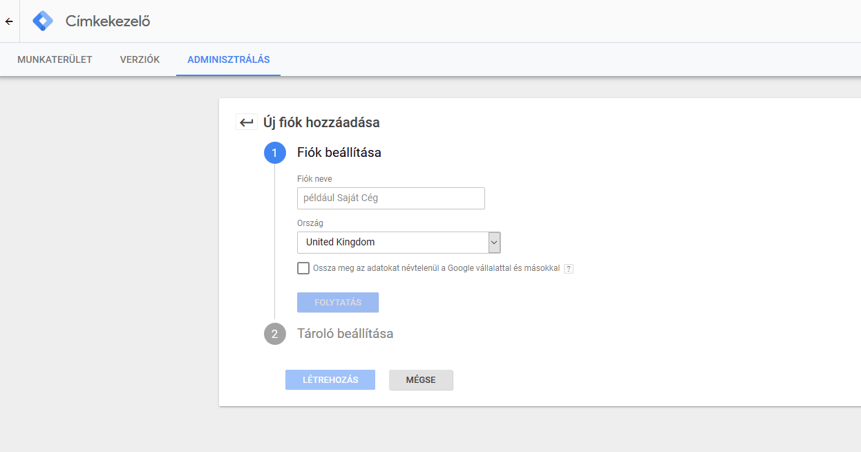 Google Tag Manager fiók lérehozása