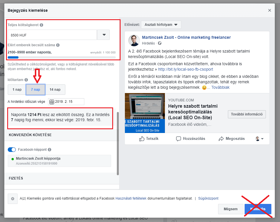 Facebook poszt kiemelése