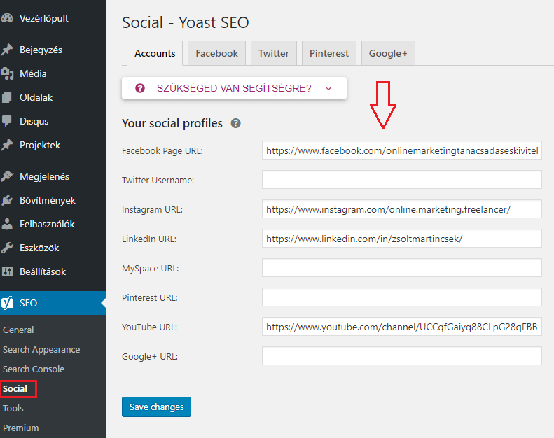 social media fiókok beállítása
