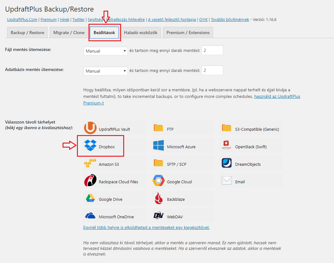 UpdraftPlus Dropbox összekötés