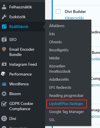 UpdraftPlus megnyitása WordPressben