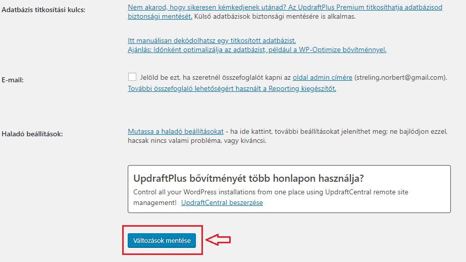 WP mentés plugin beállítása