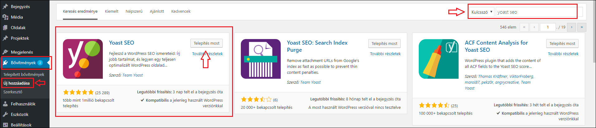 Yoast SEO plugin telepítése