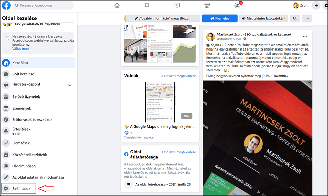 Facebook oldal admin beállítás