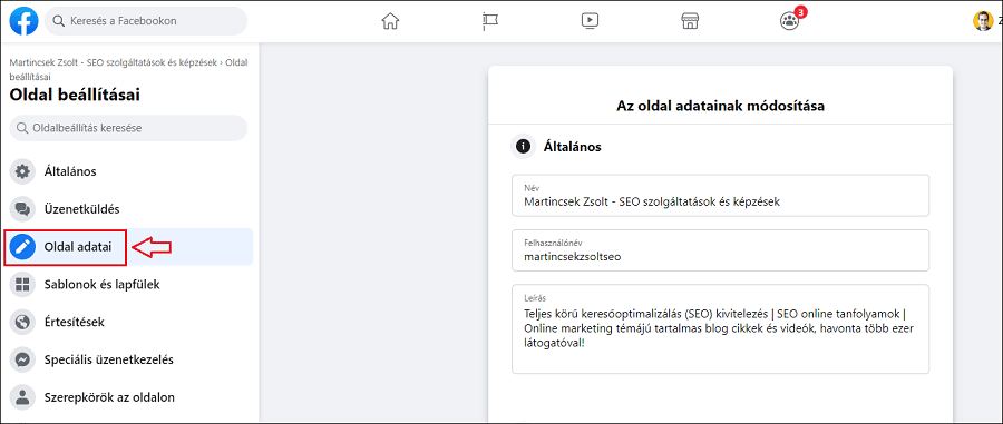 Facebook oldal adatai menupont