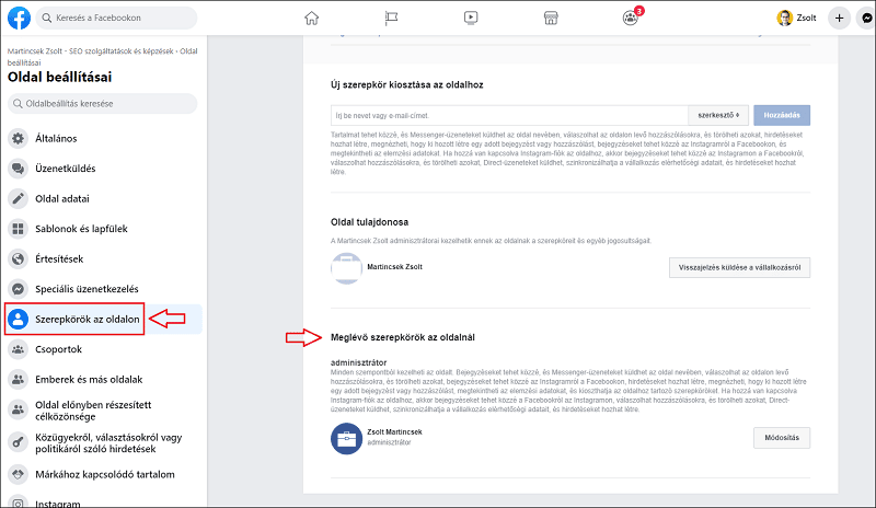 Facebook oldal szerepkörök menüpont