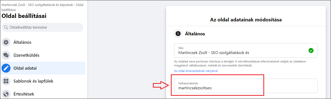 Facebook oldal URL címének változtatása