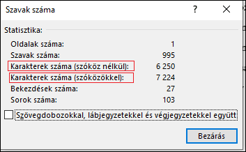 arakterek száma Word dokumentumban