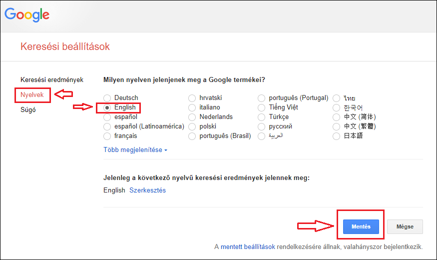 angol nyelven beállítani a google-t