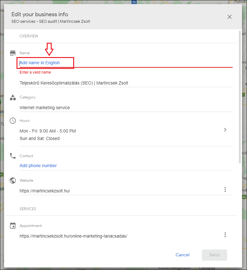 angol nyelvű google cég név megadása