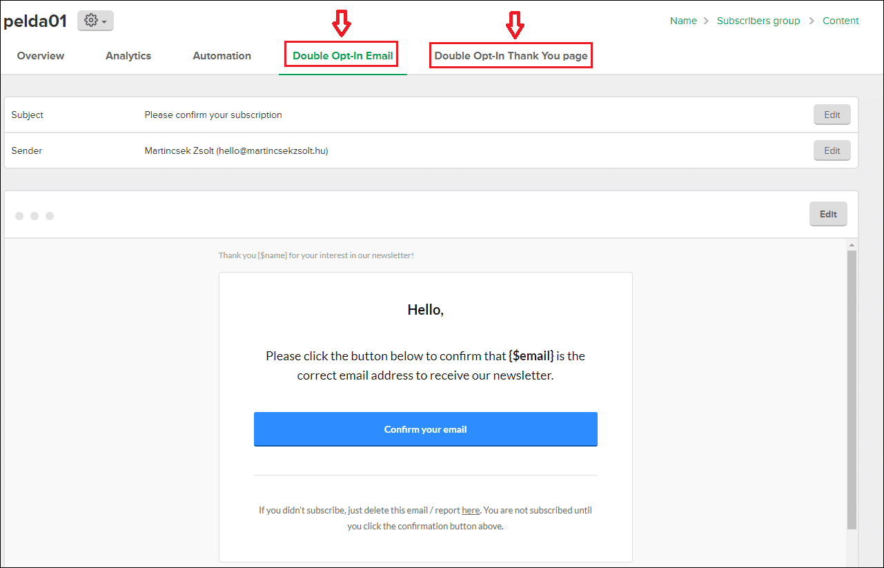 double opt-in email oldal szerkesztése