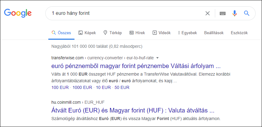 1 euró hány forint kifejezésre Google találatok