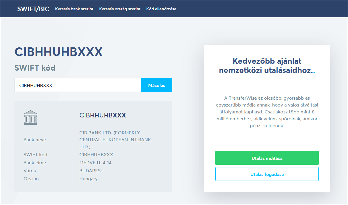 TransferWise CIB bank swift kód