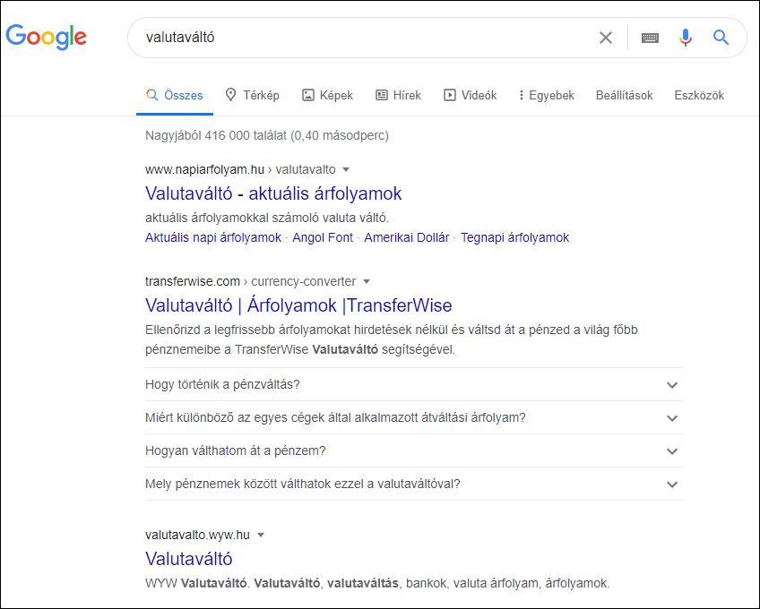 transferwise valutaváltó SERP funkció