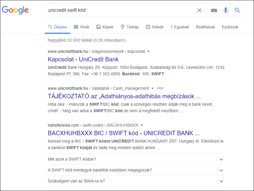 Unicredit SWIFT kód Transferwise Google találat