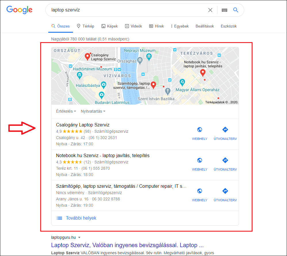 Google térkép SERP funkció