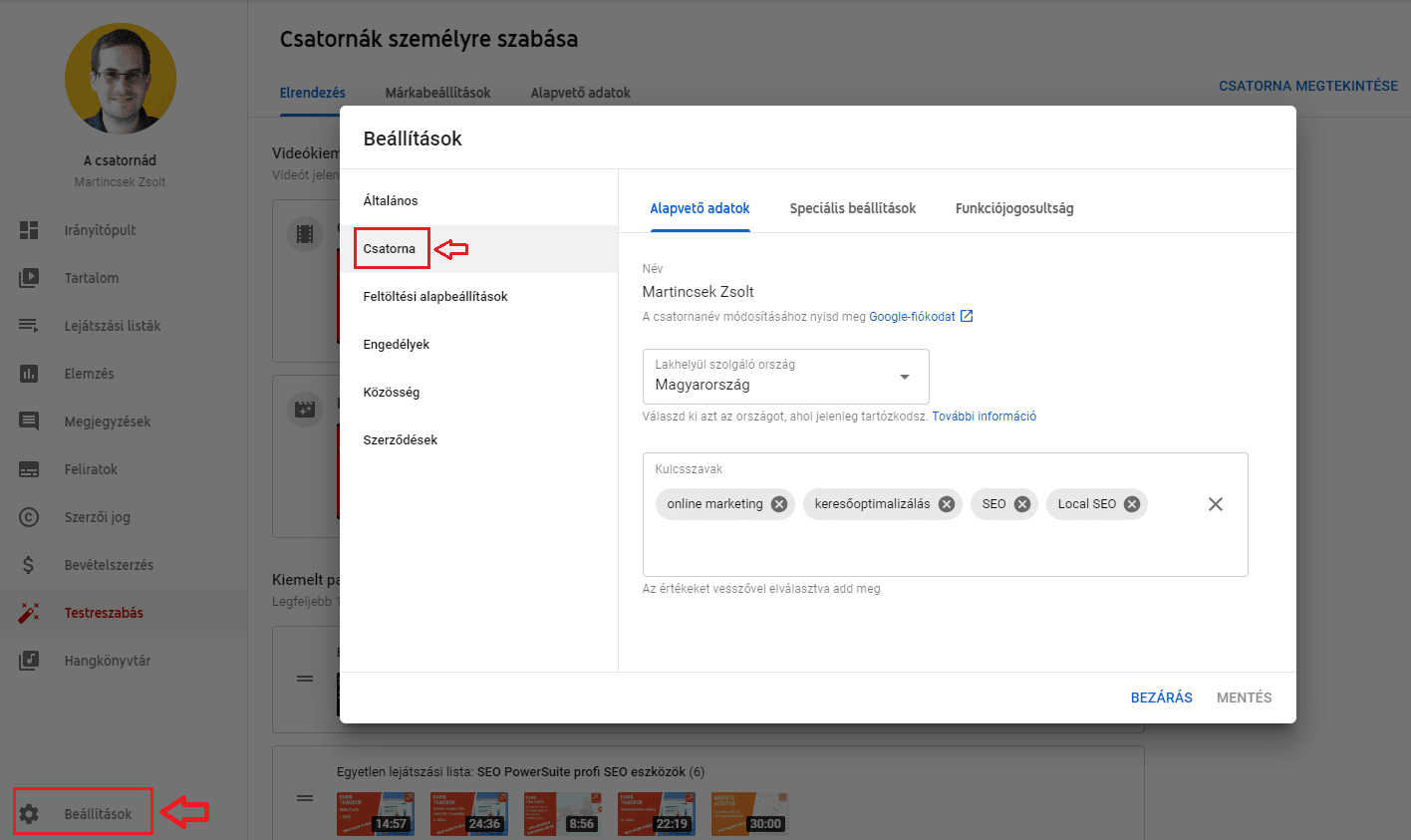 YouTube csatorna beállítások