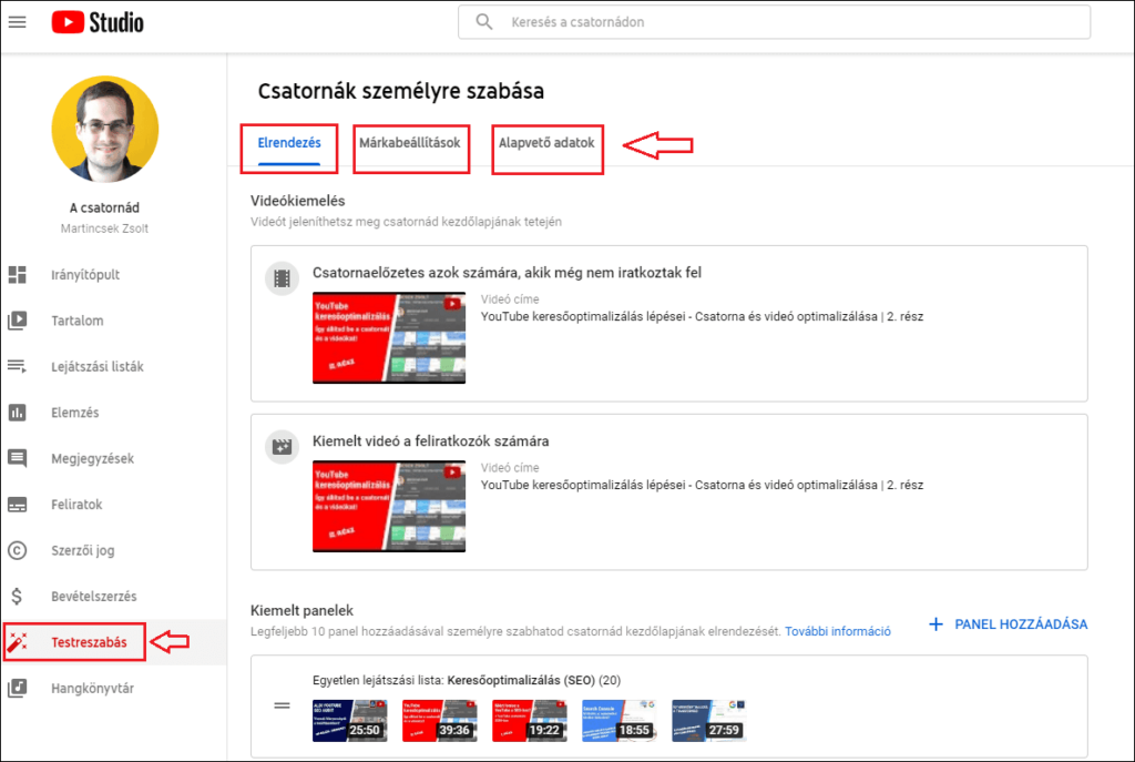 YouTube csatorna testreszabása