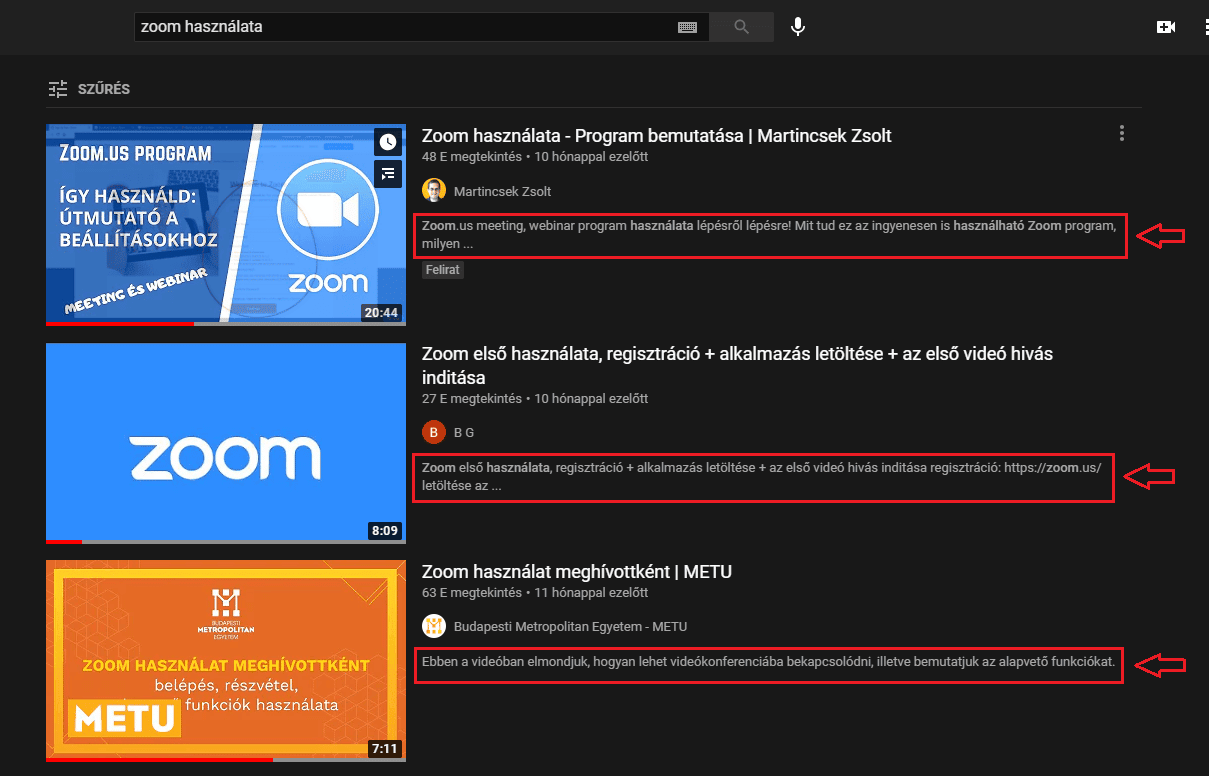 YouTube videó leírás találati oldalon