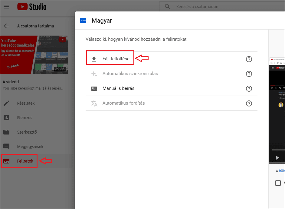 YouTube videó felirat feltöltése