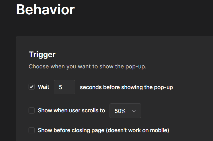 pop-ups behavior beállításai