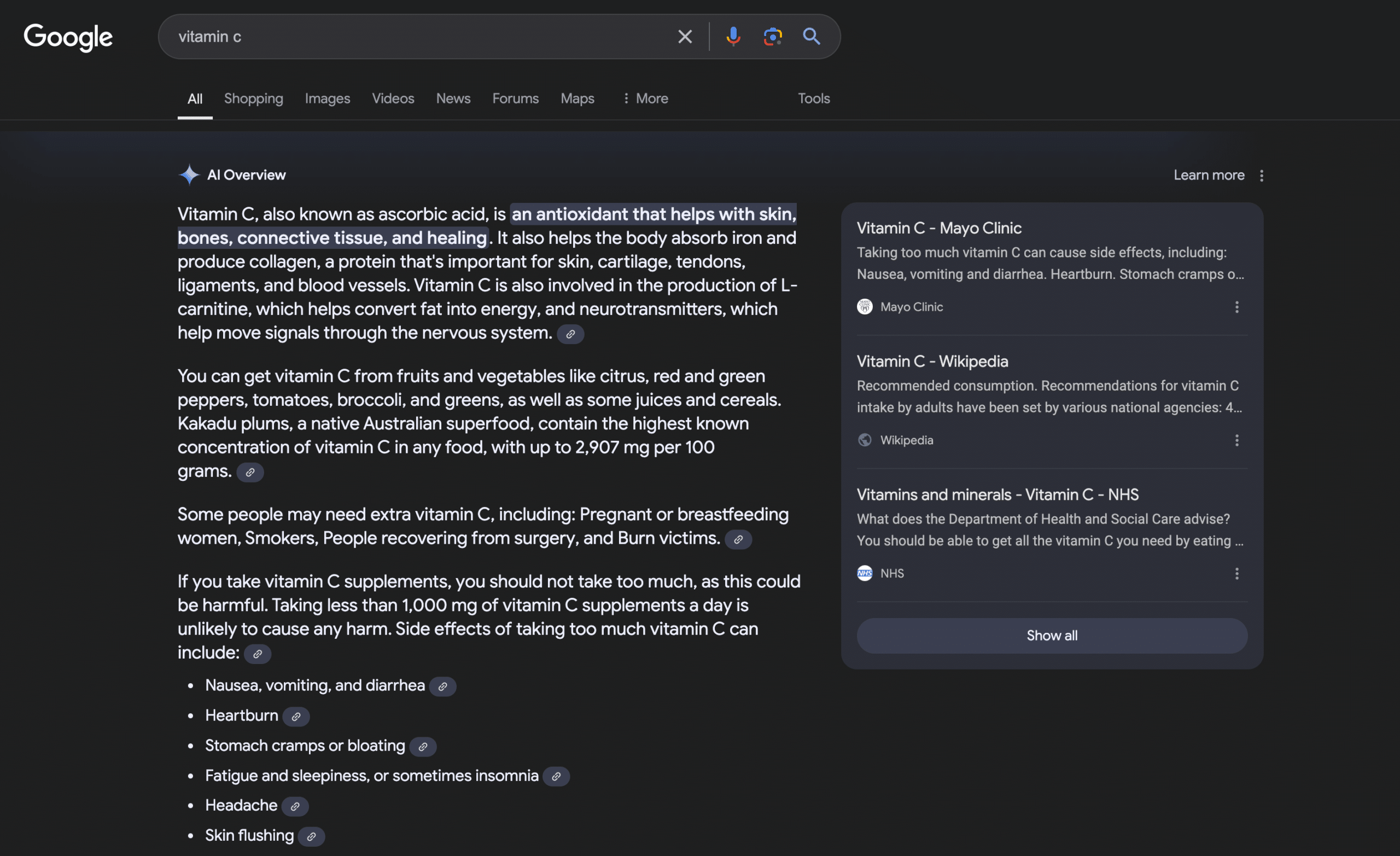 Google AI találat - C vitamin