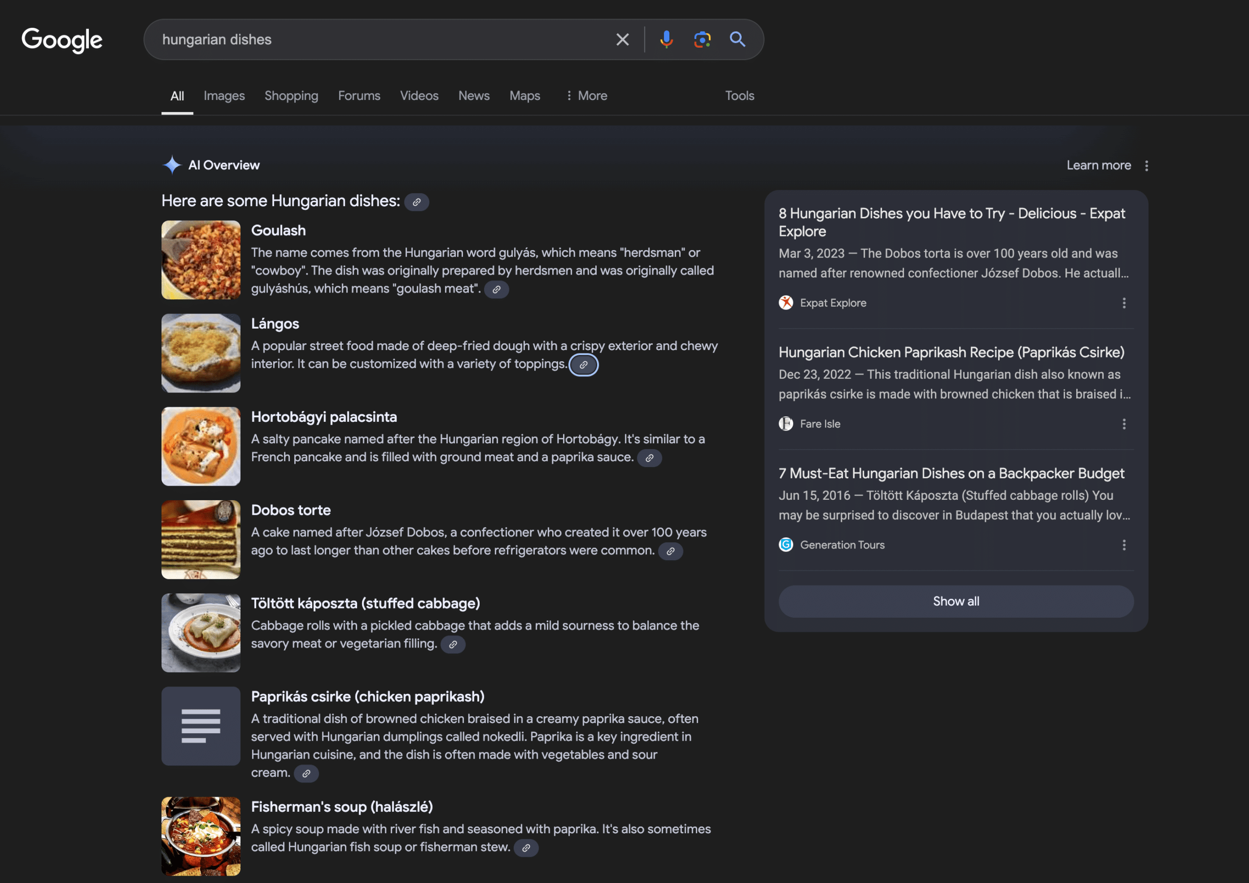 Google AI találat - magyar ételek