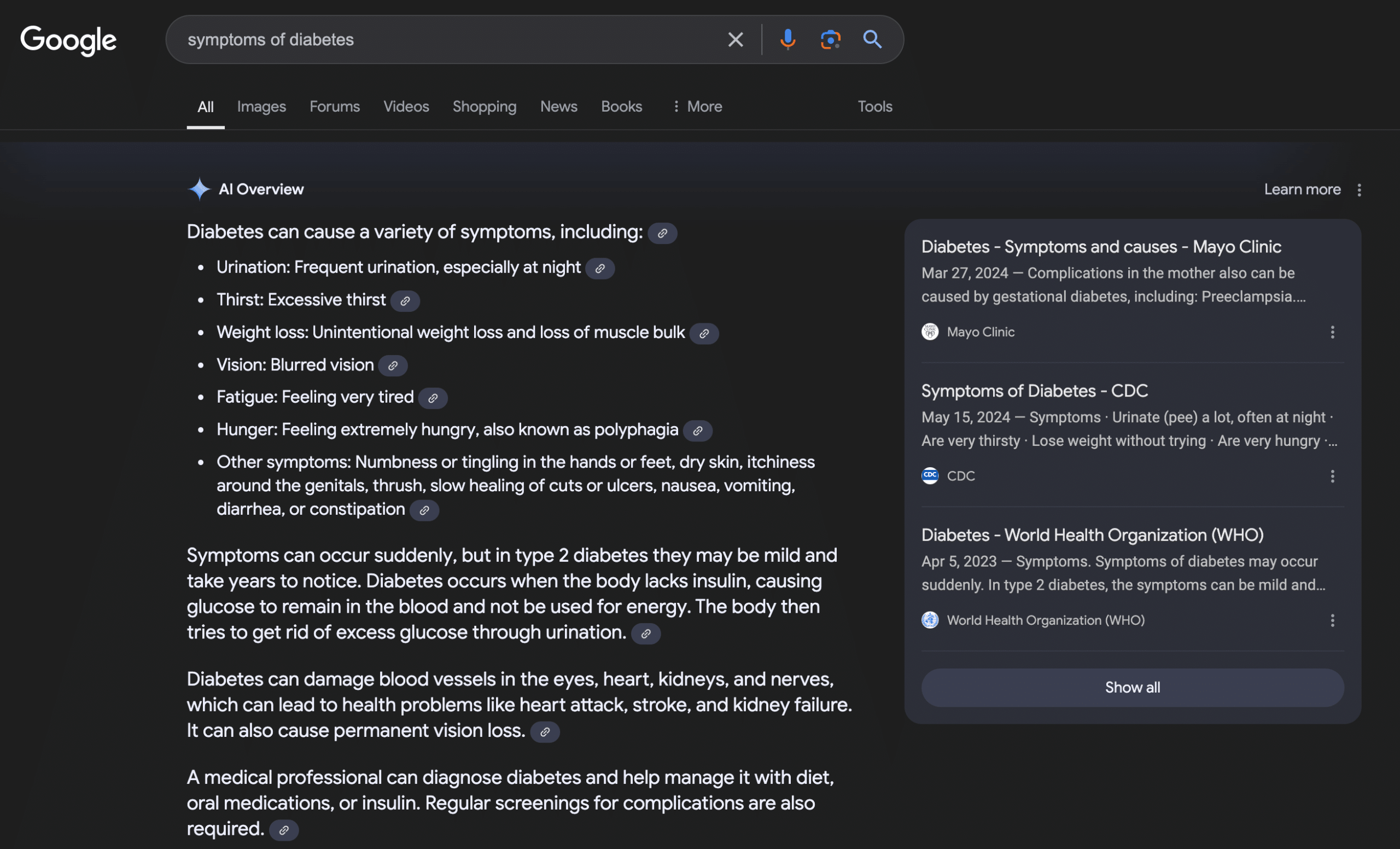 google ai válasz - cukorbetegség tünetei